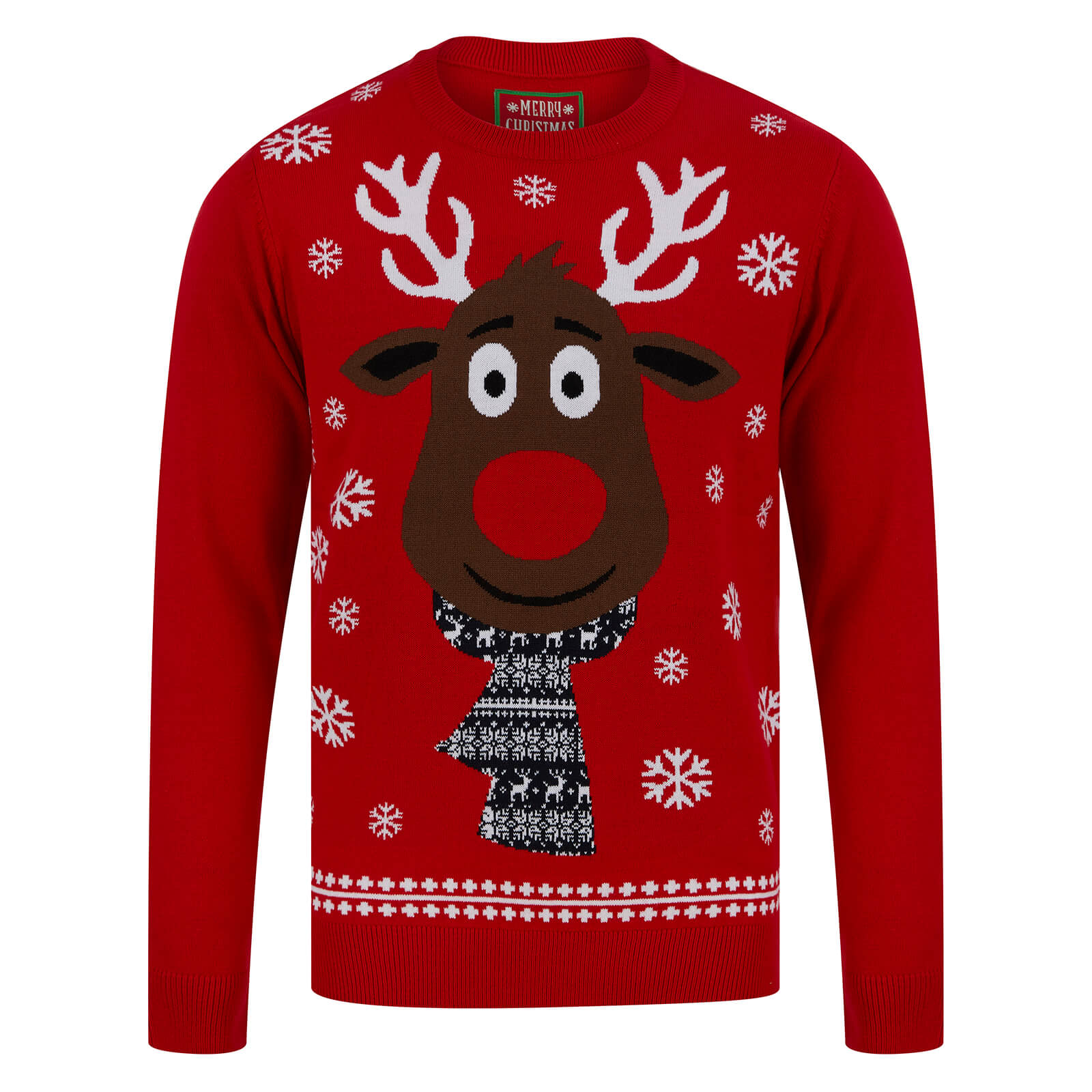 Mr Crimbo Mens Rudolph Festive Scarf Reindeer Christmas Jumper - MrCrimbo.co.uk -SRG1A17081_F - Red -Blue